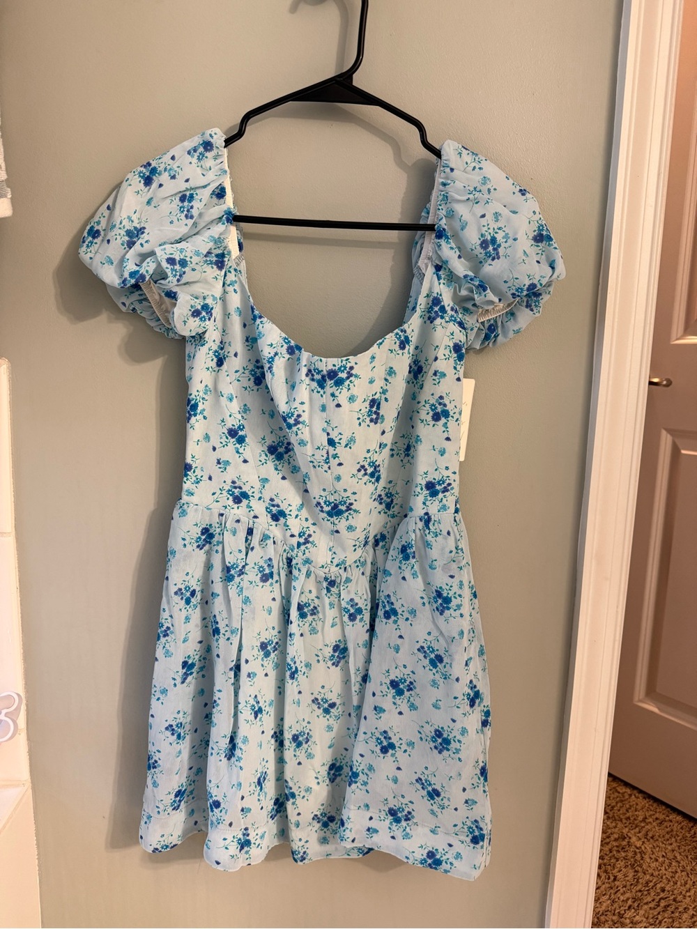 Show Me Your MuMu Light Blue Floral Puff-Sleeve Mini Dress